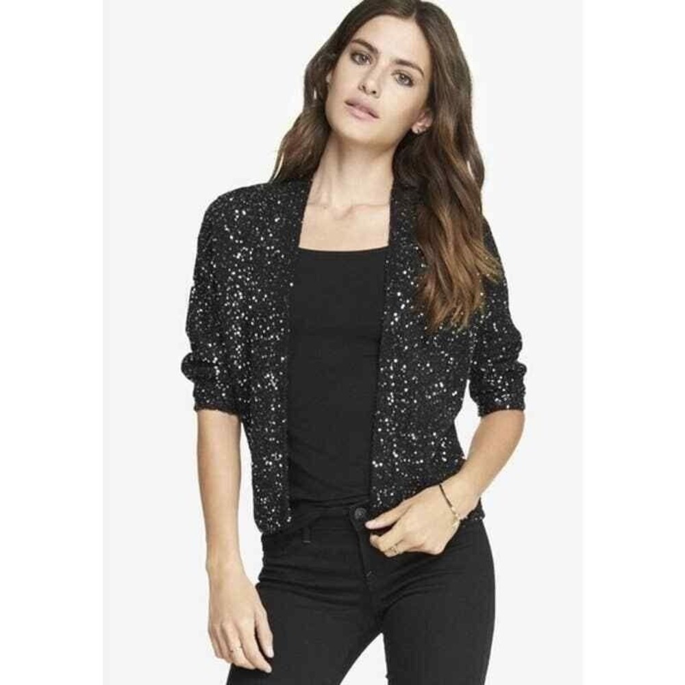 Express XS Black Sequin Knit Cropped Cardigan Shrug Sparkly‎ Party Top